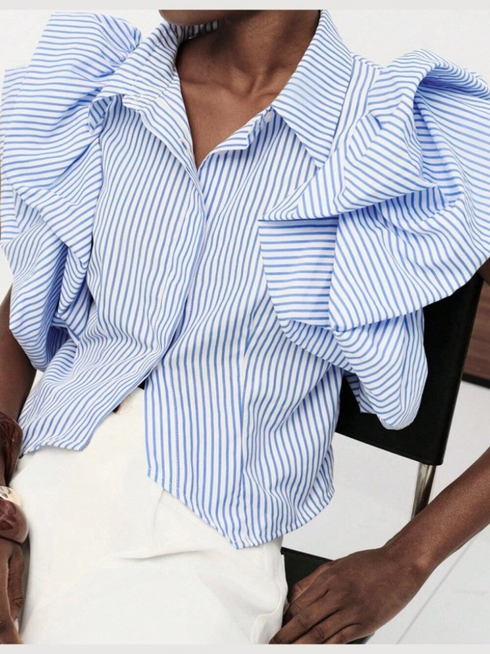 Blue White Striped Technical Poplin Ruffle Sleeve Collared Blouse Shirt
